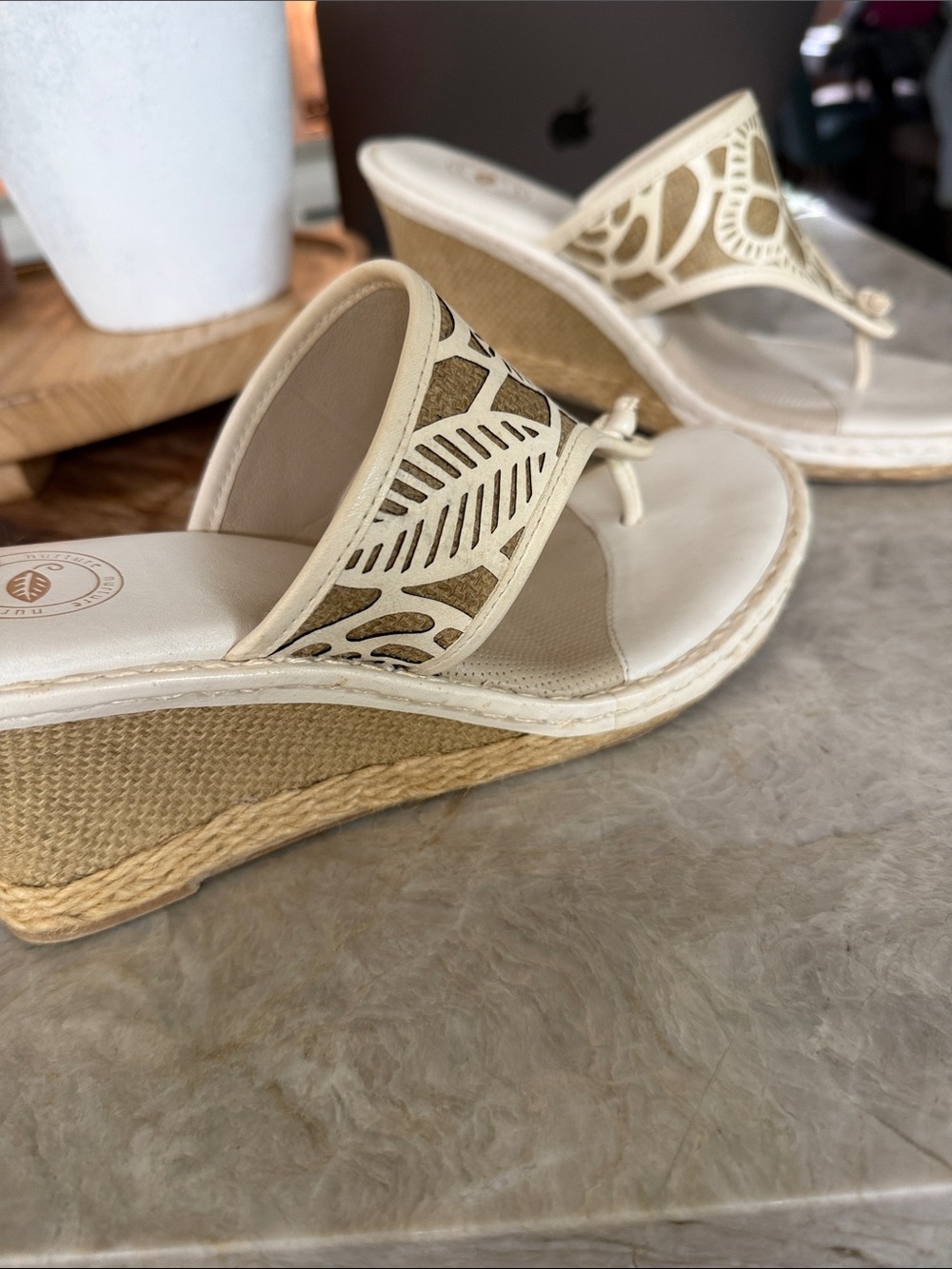 Nurture Leather Jenny Wedge Cut-Out Look Braided Jute Floral Cream Brown 8.5 - Picture 3 of 11
